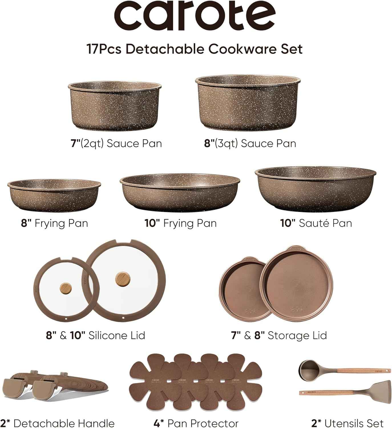 CAROTE 17PCS Pots and Pans Set Non Stick with Detachable Handle, Nonstick Cookware Sets, Cooking Kitchen Set, Oven/Dishwasher Safe, Induction Cookware, Brown, RV Kitchen Pot and Pan