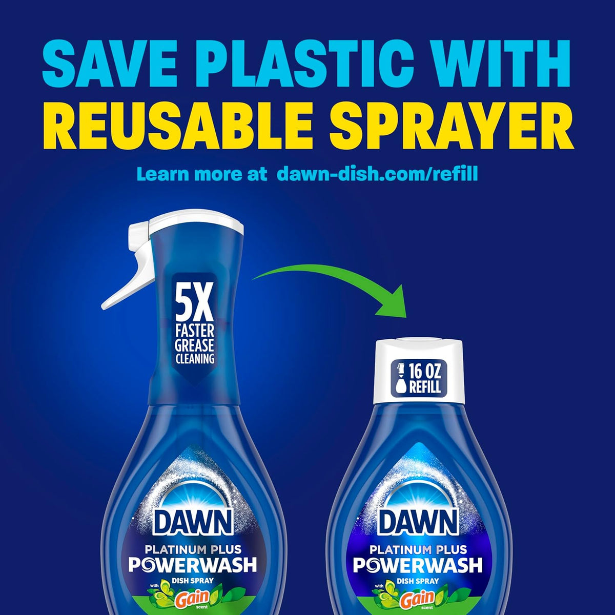 Dawn Powerwash Gain Original Dish Spray, Liquid Dish Soap, Dish Soap Refill, , 1 Starter Kit + 3 Refills, 64 Fl Oz Total (16 fl oz/bottle)