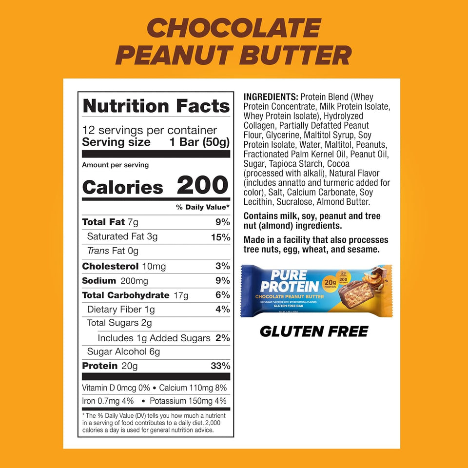 PLre Protein Chocolate Peanut Butter Protein Bars – 20g Protein, 3g Sugar, 190 Calories (12 count) Low Sugar* High Protein Snack - Gluten Free - Perfect for a Healthy Snack