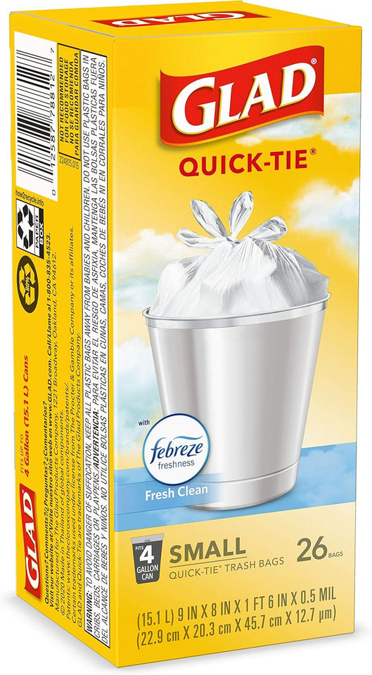 Glad Small Trash Bags 4 Gallon, Febreze Fresh Clean Garbage Bags, Odor Resistant with Quick Tie, 26 Count - PureLivingMart
