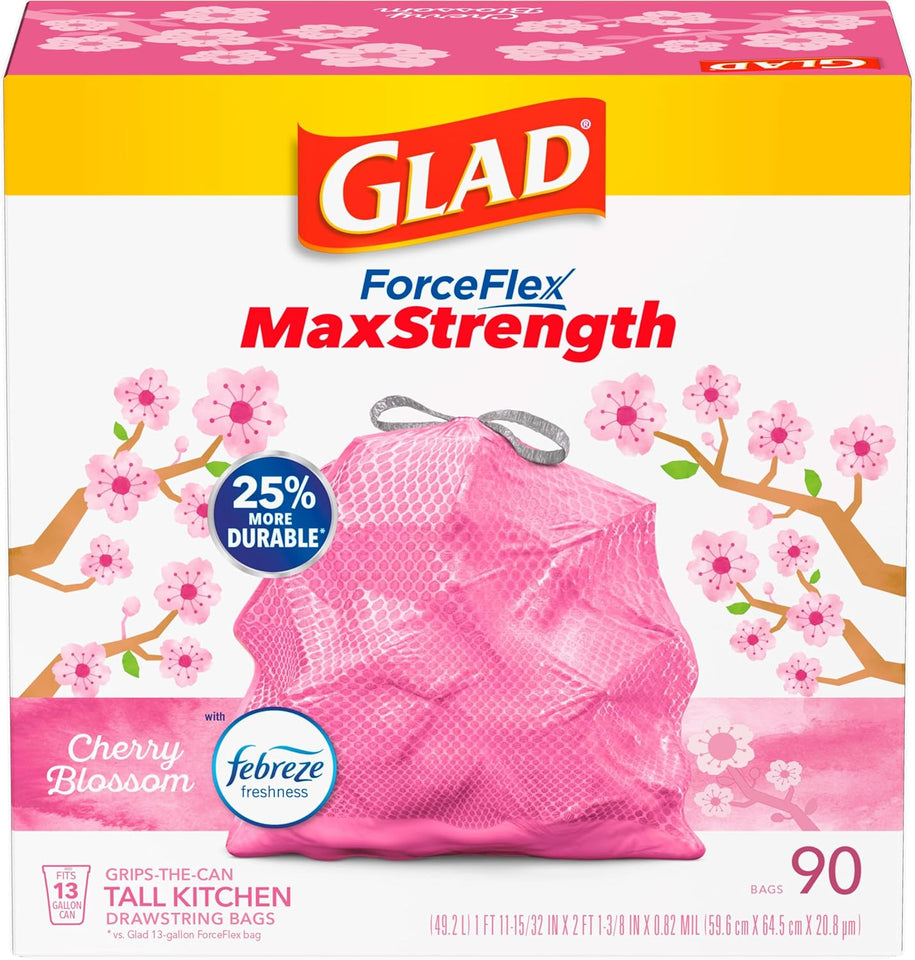 Glad Tall Kitchen Trash Bags 13 Gallon, MaxStrength Cherry Blossom Garbage Bags, Drawstring, 90 Count - PureLivingMart