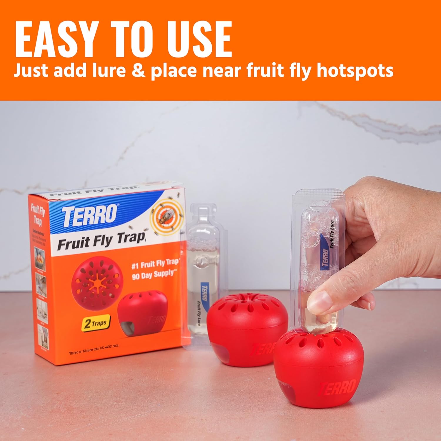 TERRO Fruit Fly Traps for Indoors (4 Pack) + 180 Days of Lure Supply - T2503SR - Lure and Kill Indoor Fruit Flies Near Fruit, Trash Cans, Countertops - Ready to Use Trap - 180 Day Supply
