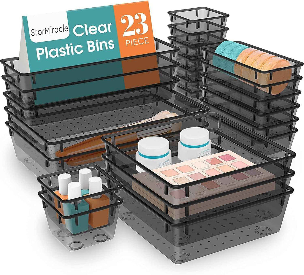 16 PCS Drawer Organizer Set, 5 Varied Size Bathroom and kitchen Drawer cabinet organizer Trays, Clear Storage Bins for Makeup, Jewelry, Utensils and Gadgets