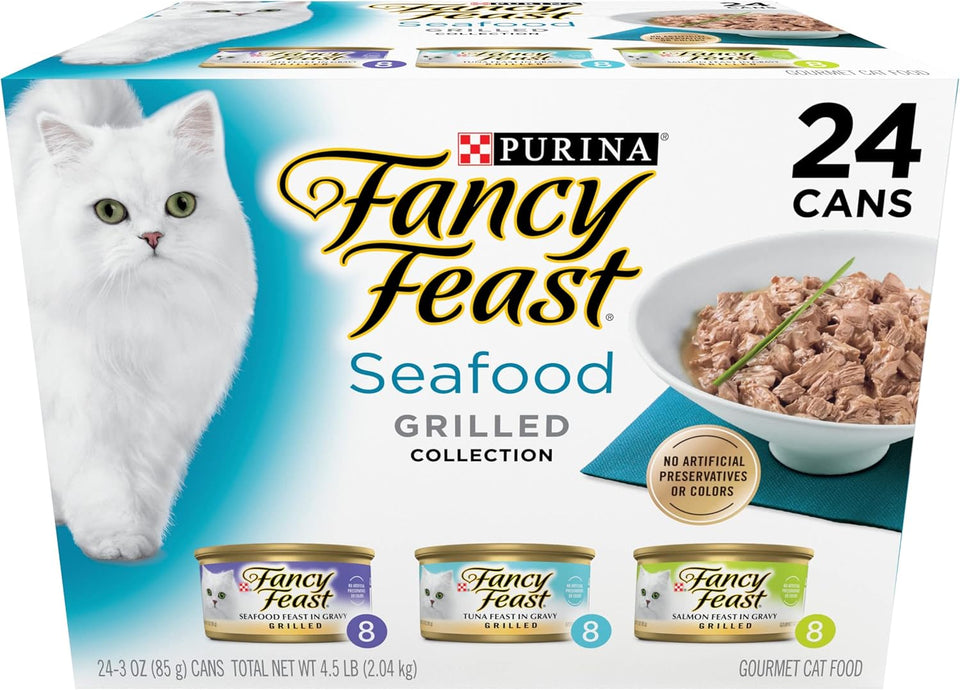 PLrina Fancy Feast Grilled Wet Cat Food Seafood Collection in Wet Cat Food Variety Pack - (Pack of 24) 3 oz. Cans