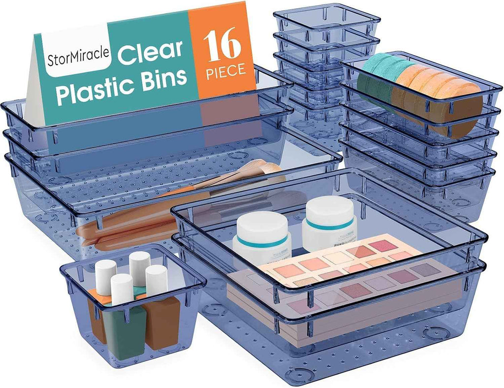 16 PCS Drawer Organizer Set, 5 Varied Size Bathroom and kitchen Drawer cabinet organizer Trays, Clear Storage Bins for Makeup, Jewelry, Utensils and Gadgets