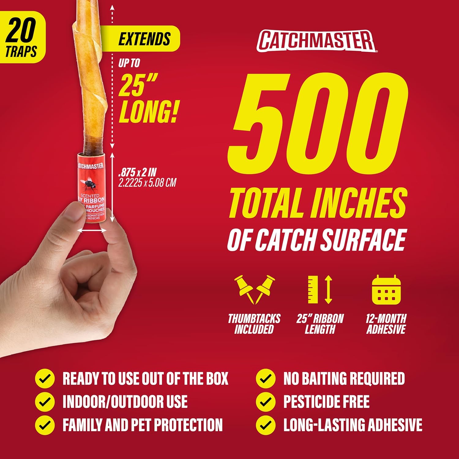 Catchmaster Fly Ribbon 20-Pack, Bug & Fruit Fly Traps Outdoor and Indoor, Premium Adhesive Sticky Strips & Gnat Hanging Strips, Bulk Flying Insect Paper Rolls, Pesticide-Free Home Pest Control