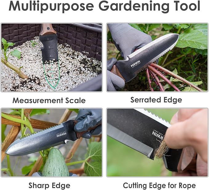 Hori Hori Garden Knife, Garden Tools with Sheath for Weeding,Planting,Digging, 7" Stainless Steel Blade with Cutting Edge, Full-Tang Wood Handle with Hanging Hole - Cart Shape