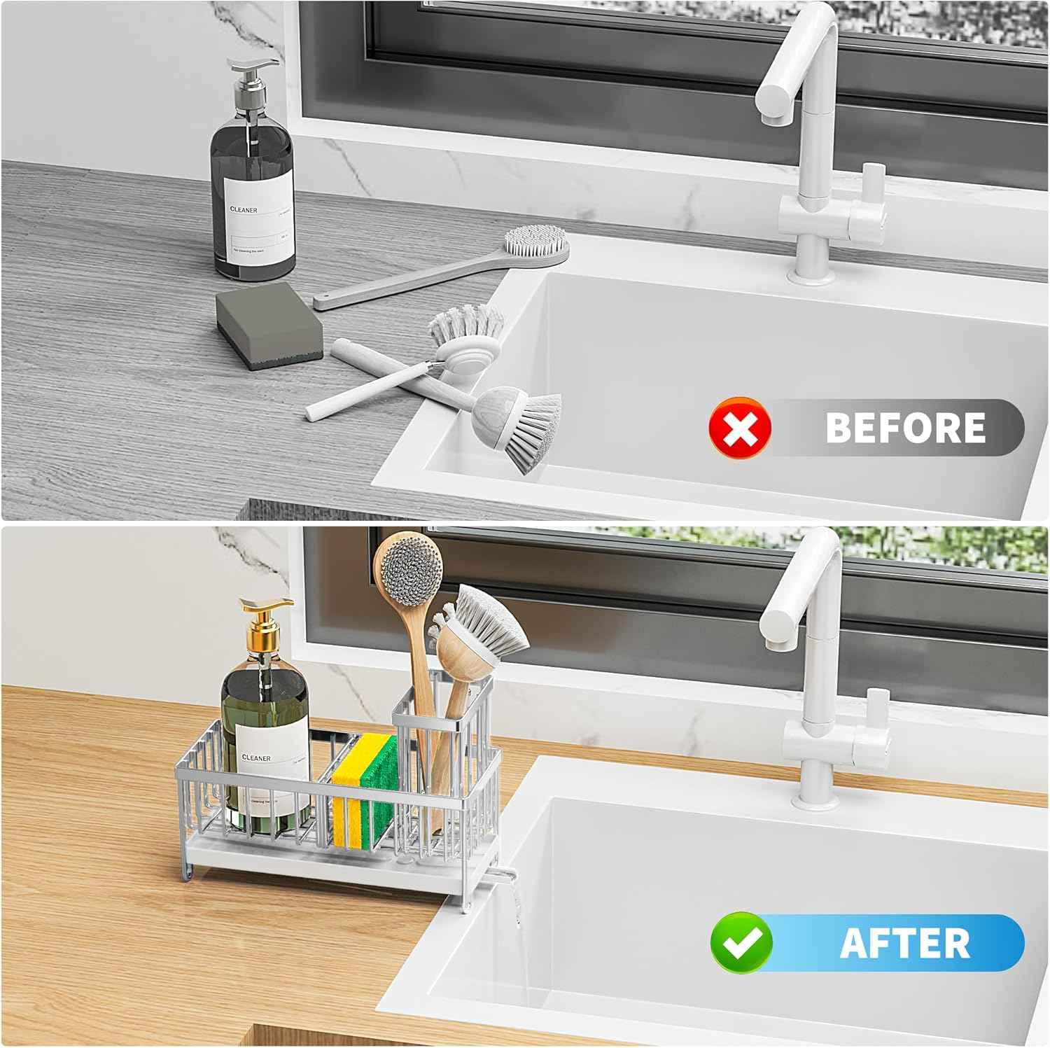 Cisily Silver Sponge Holder for Kitchen Sink, Sink Caddy Organizer with High Brush Holder, Kitchen Countertop Organizers and Storage Essentials, Rustproof 304 Stainless Steel, Soap Dispenser Organize