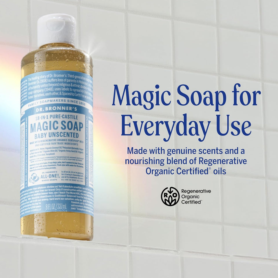 Dr. Bronner's PLre-Castile Magic Liquid Soap (Baby Unscented, 8 Ounce)- Made with Regenerative Organic Certified Oils, For Face, Body Wash, Baby Soap, Sensitive Skin, No Added Fragrance, Vegan