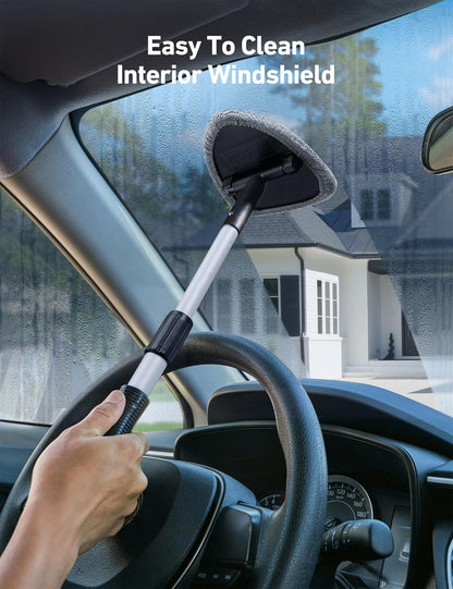 AstroAI Windshield Cleaner Tool, Car Interior Detailing Cleaning Kit with Extendable Handle and 4 Upgraded High-Density Reusable Microfiber Pads, Auto Glass Wiper Brush Kit for Cars, Gray, 15.9in-21in