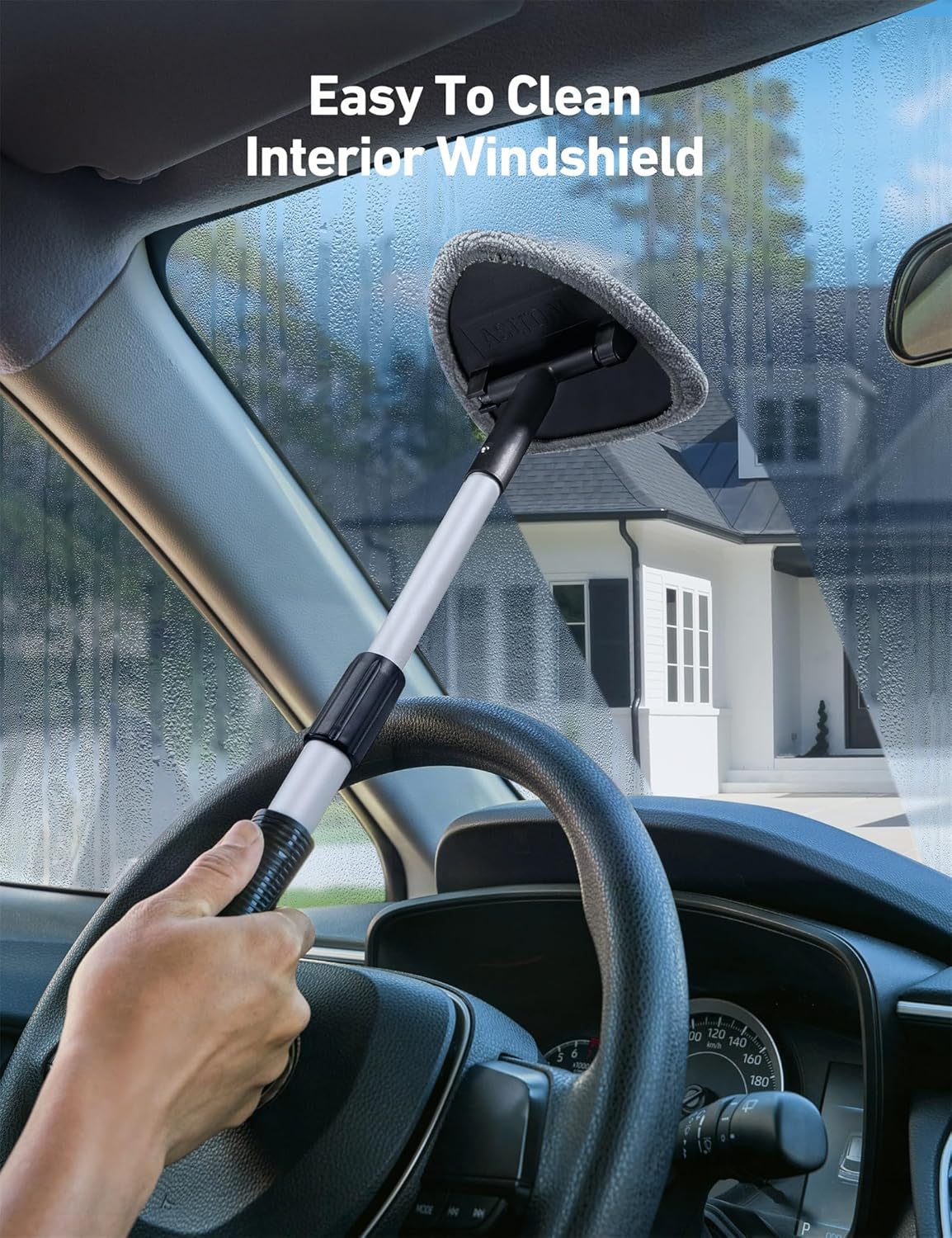 astroAI Windshield Cleaner Tool with Extendable Handle and 4 Reusable Microfiber Pads for Car Interior Detailing Cleaning Kit, Gray, 15.9-21in
