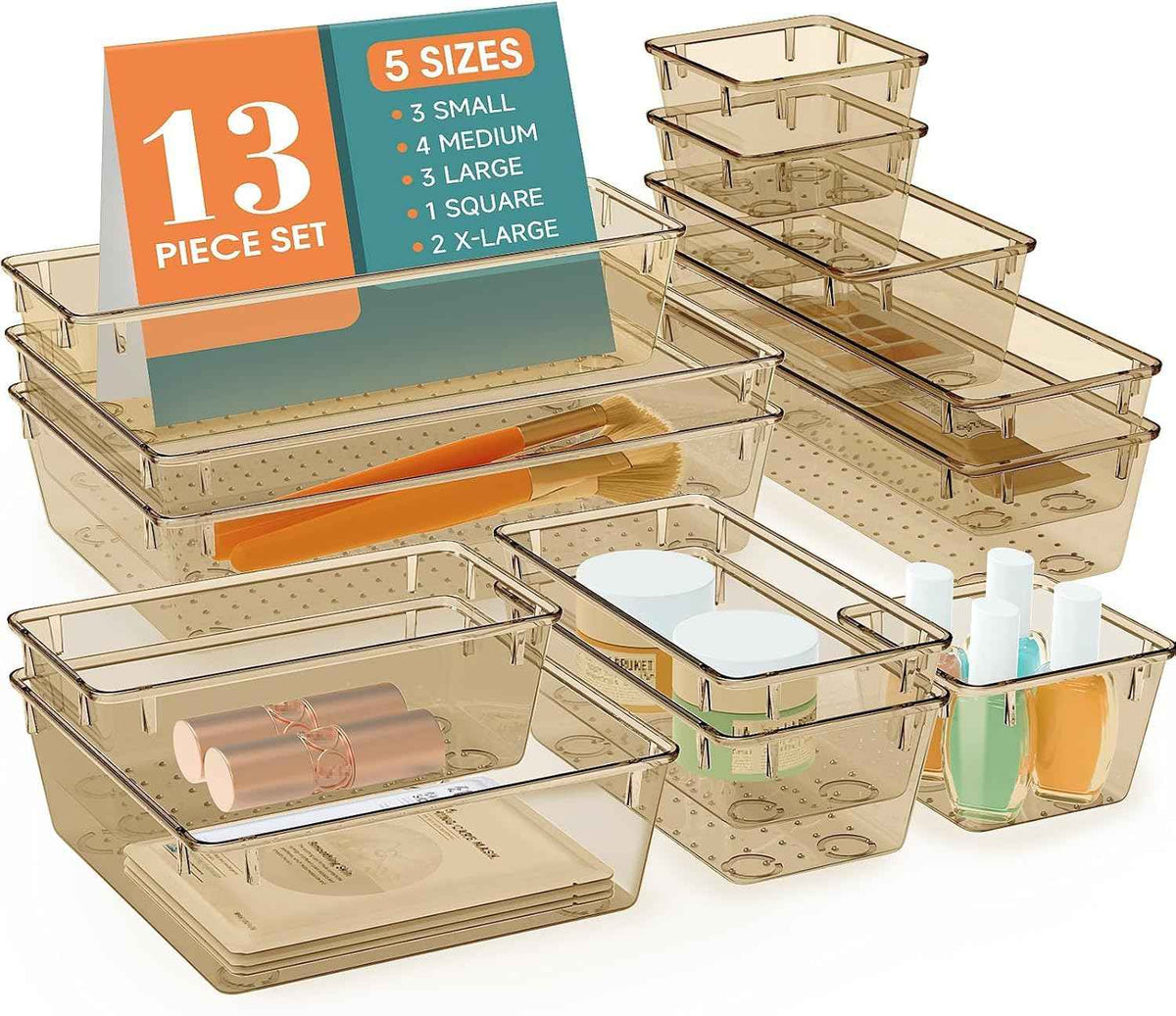 16 PCS Drawer Organizer Set, 5 Varied Size Bathroom and kitchen Drawer cabinet organizer Trays, Clear Storage Bins for Makeup, Jewelry, Utensils and Gadgets