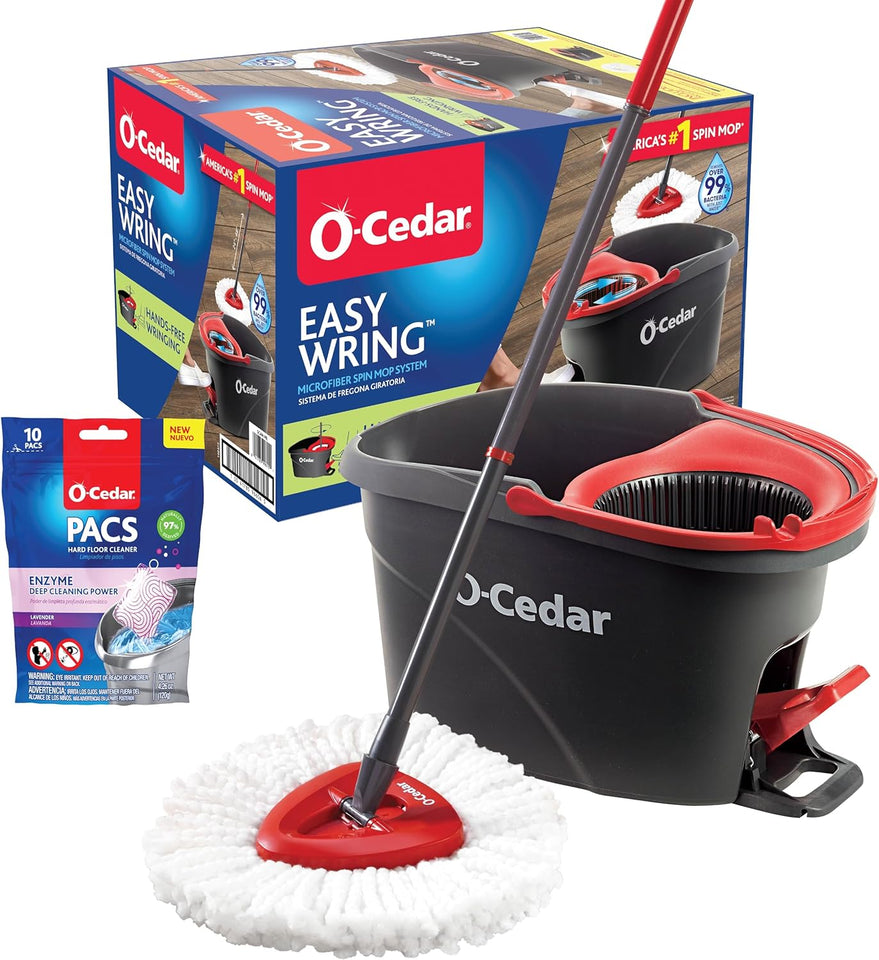 O-Cedar EasyWring Microfiber Spin Mop, Bucket Floor Cleaning System, Red, Gray, Standard - PureLivingMart