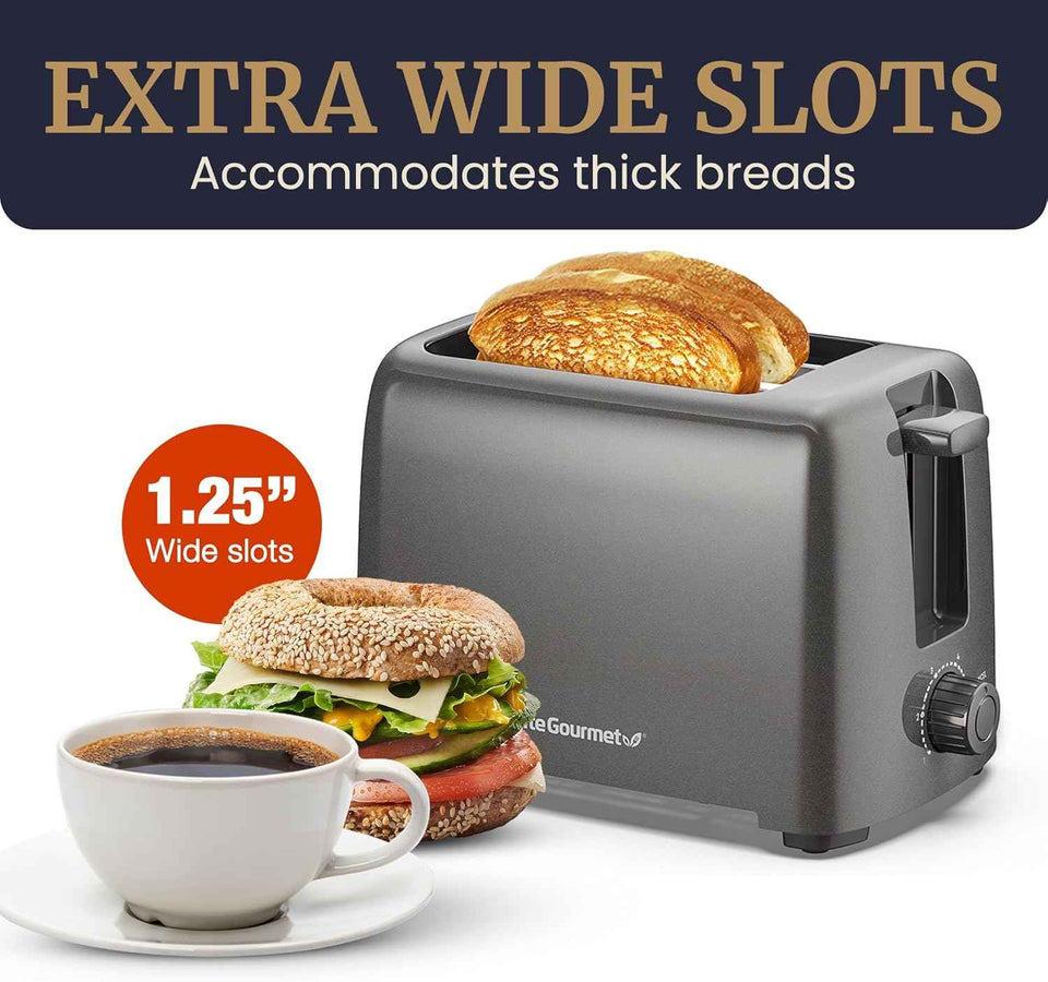 Elite Gourmet ECT1027G Cool-Touch 2 Slice Toaster, 6 Toast Settings & Cancel Function, Extra Wide 1.25‰۝ Slots Easily Fits Breads, English Muffins, Bagels & Waffles, Gunmetal Gray
