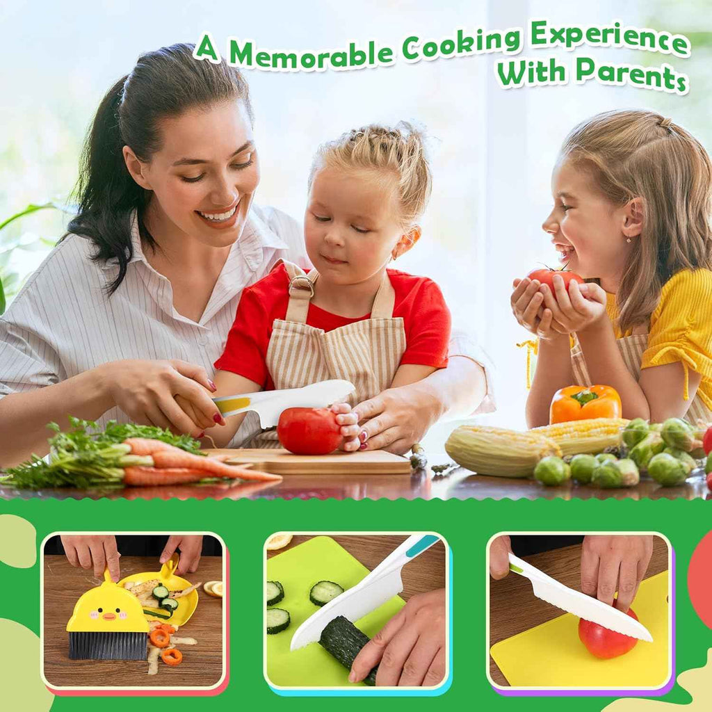 14PC Montessori-style safe kitchen knife set for kids, 3-12 years, includes cutting board and cleaning tools