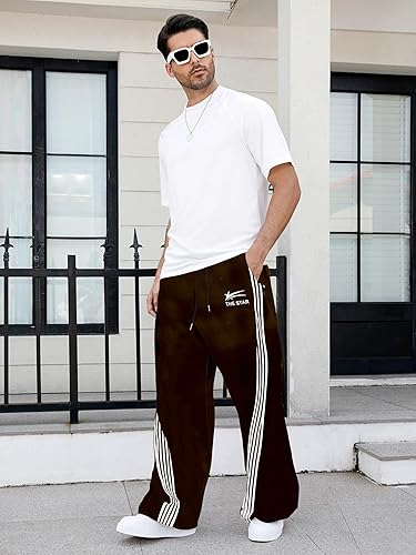 GORGLITTER Men's Baggy Wide Leg Sweatpants Y2K Striped Side Drawstring Waist Barrel Track Pants with Pockets