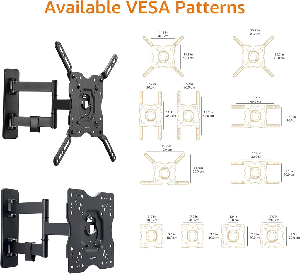 Amazon Basics Full Motion Articulating TV Wall Mount, with Swivel and Tilt, for 26" to 55" TVs and Flat Panels up to 80 Lbs, VESA Compatible, Single Stud, Black