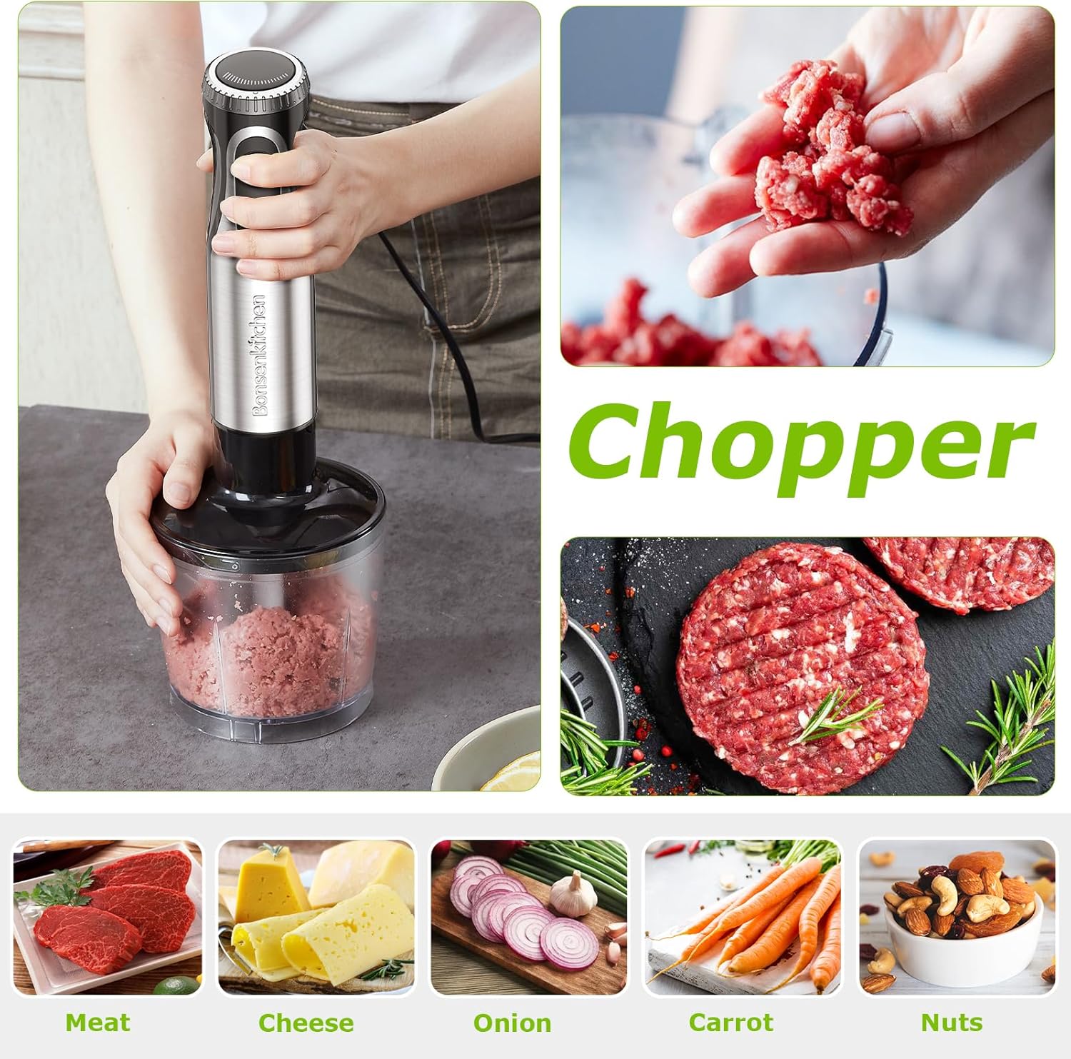 Bonsenkitchen Immersion Blender Handheld with Food Processor, 20 Speeds Hand Blender with Turbo Mode, Stainless Steel Blade, Egg Whisk, Beaker & Chopper Bowl, Hand Mixer for Smoothie, Soup, Baby Food