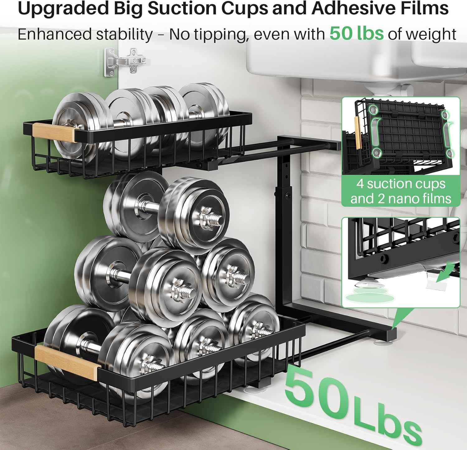 Under Sink Organizer, 2 Packs 2 Tier Under Sink Organizers and Storage, Slide out Pull out Cabinet Organizer Shelf, Metal Sliding Drawer for Kitchen Bathroom Pantry Cabinet Closet Organization Rack