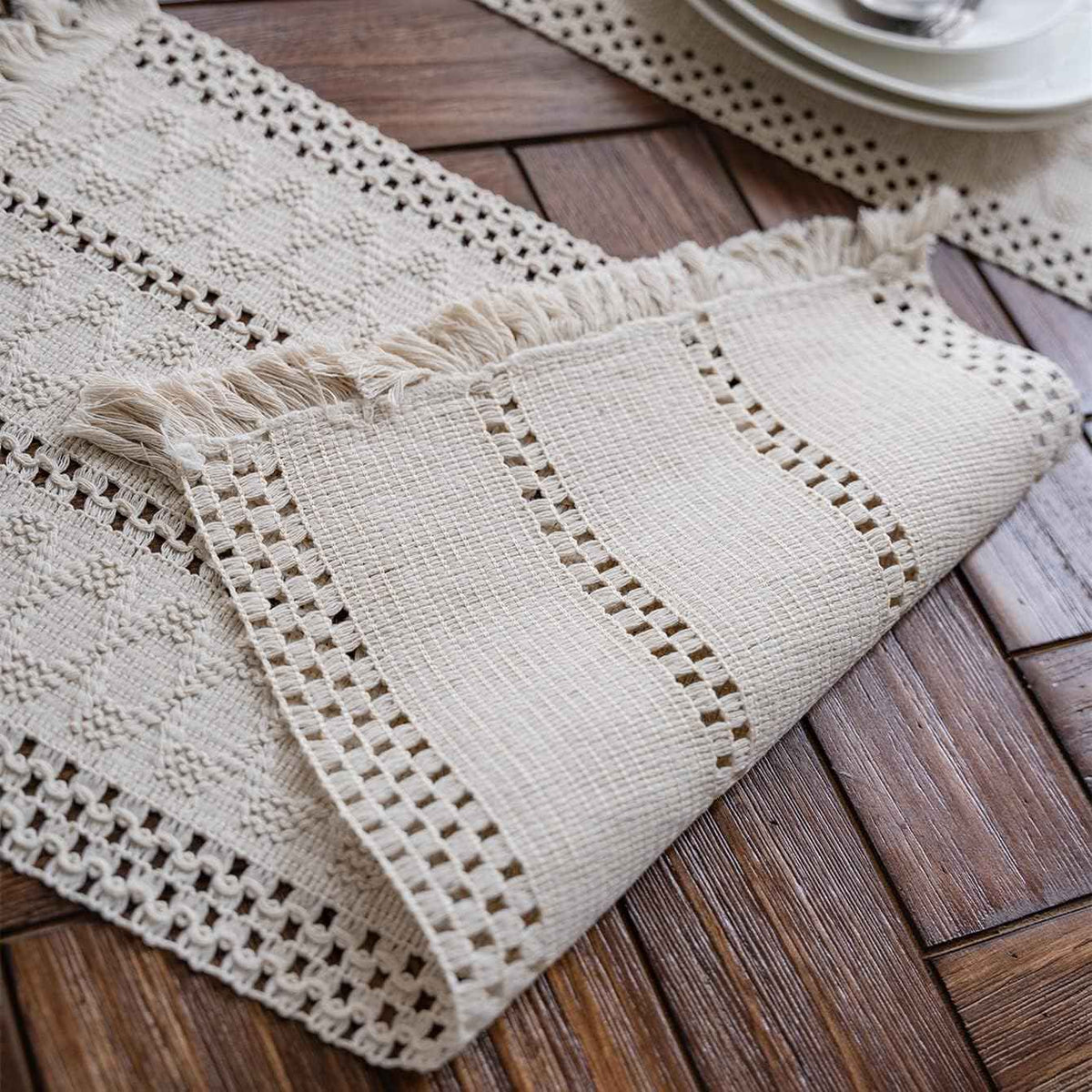 Alynsehom Macrame Hand Woven Cream Beige Boho Table Runner with Tassels 12x71in Cotton Rustic Farmhouse Kitchen Dining