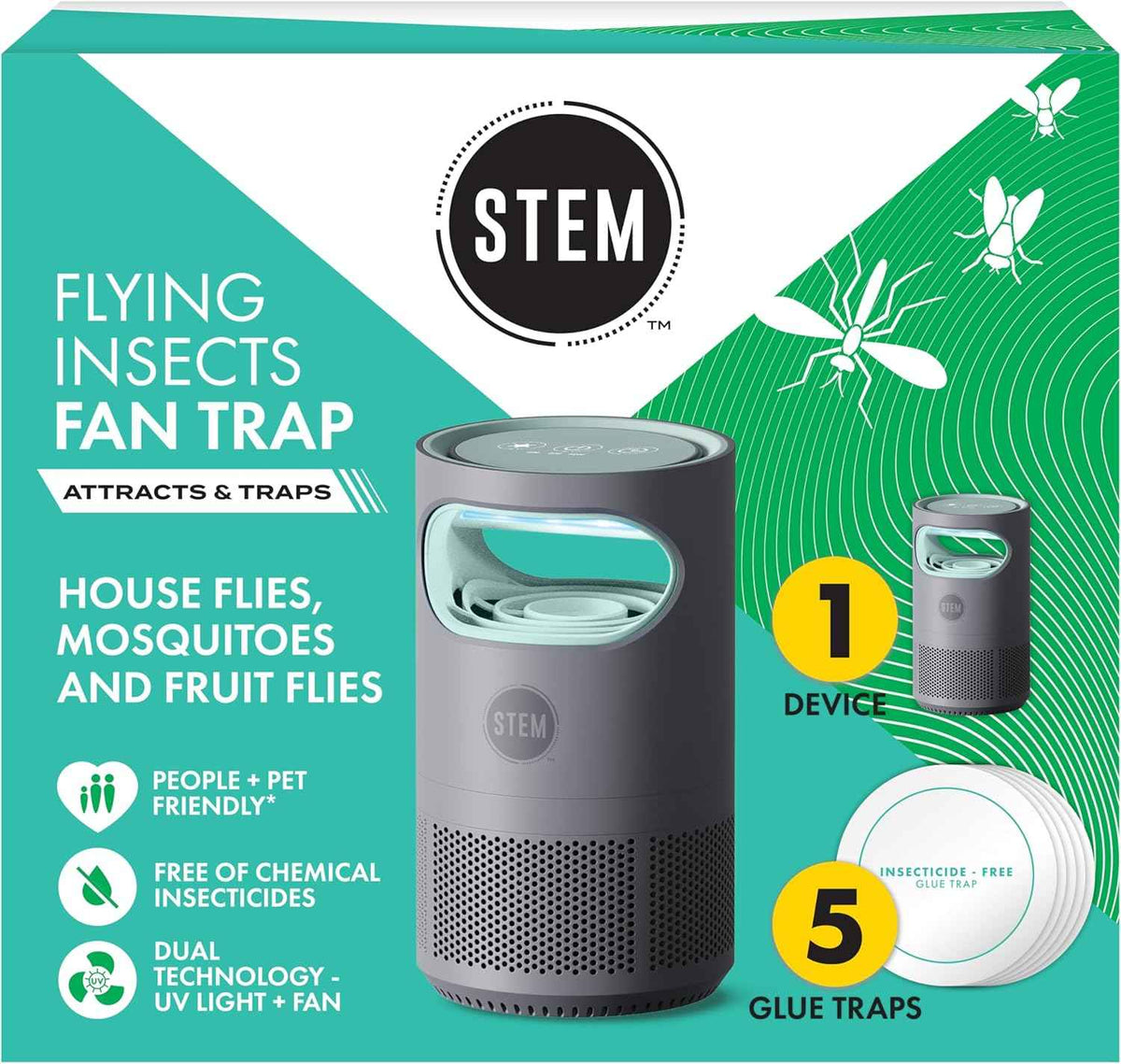 STEM Flying Insect Fan Trap for Indoor Bug Control, Attracts Mosquitoes, Fruit Flies, and House Flies, Plug-in Fan with UV Light, Starter Kit Includes 1 Device and 5 Glue Traps