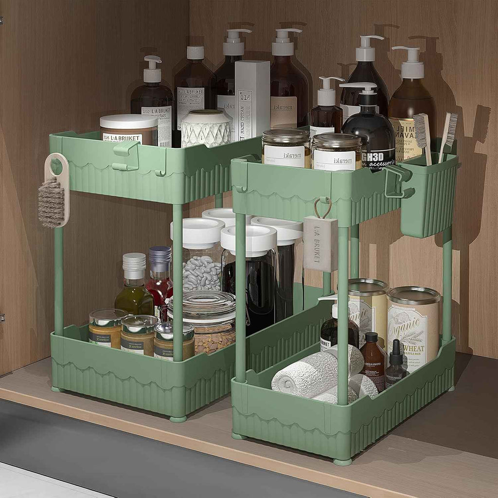 2 Pack Under Sink Organizer, Under Bathroom Cabinet Organizer with Hooks Hanging Cup, Multi-Purpose Storage Shelf for Kitchen Bathroom, Black