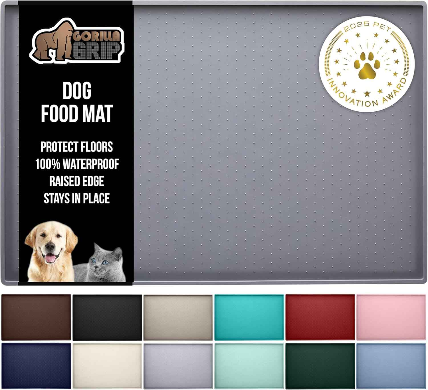 GORILLA GRIP 100% Waterproof Raised Edge BPA Free Silicone Pet Feeding Mat, Dog Cat Food Mats Contain Spills Protects Floors, Placemats for Cats and Dogs Water Bowl, Pets Accessories 18.5x11.5 Gray