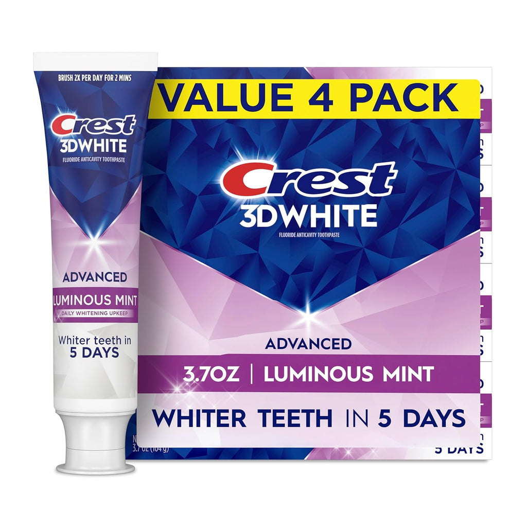Crest 3D White Advanced Luminous Mint Teeth Whitening Toothpaste, Crest Toothpaste, 3.7 oz Pack of 4 - Helps Remove Surface Stains, Whitens Teeth, Strengthens Tooth Enamel, Protects Against Cavities