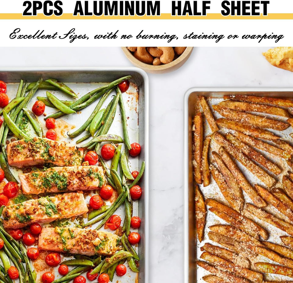 Commercial Quality Baking Sheet Pan Set, Natural Aluminum Cookie Sheet, Umite Chef Warp Resistant Baker's Half Sheet Pan, Large Thick Cookie Tray Pans for Baking, Roasting(2 Pack, 18X13In)