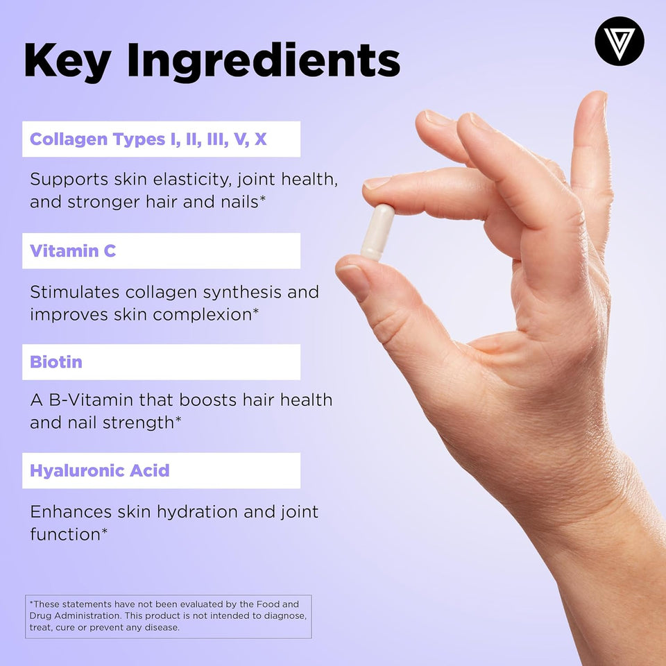 Vital Vitamins Multi Collagen Complex Plus - with Biotin, Hyaluronic Acid, Vitamin C - Type I, II, III, V, X - for Women & Men - Hair, Skin, Nails Beauty Complex - 150 Capsules