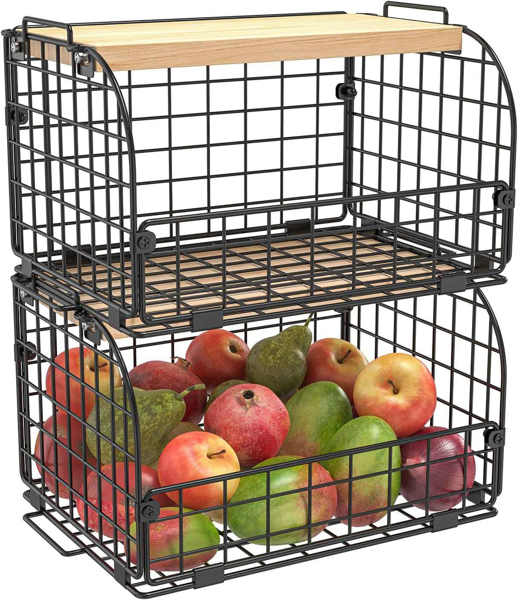 2-Set Stackable Wire Baskets with Openable Top - Versatile Kitchen, Pantry, and Countertop Organizer