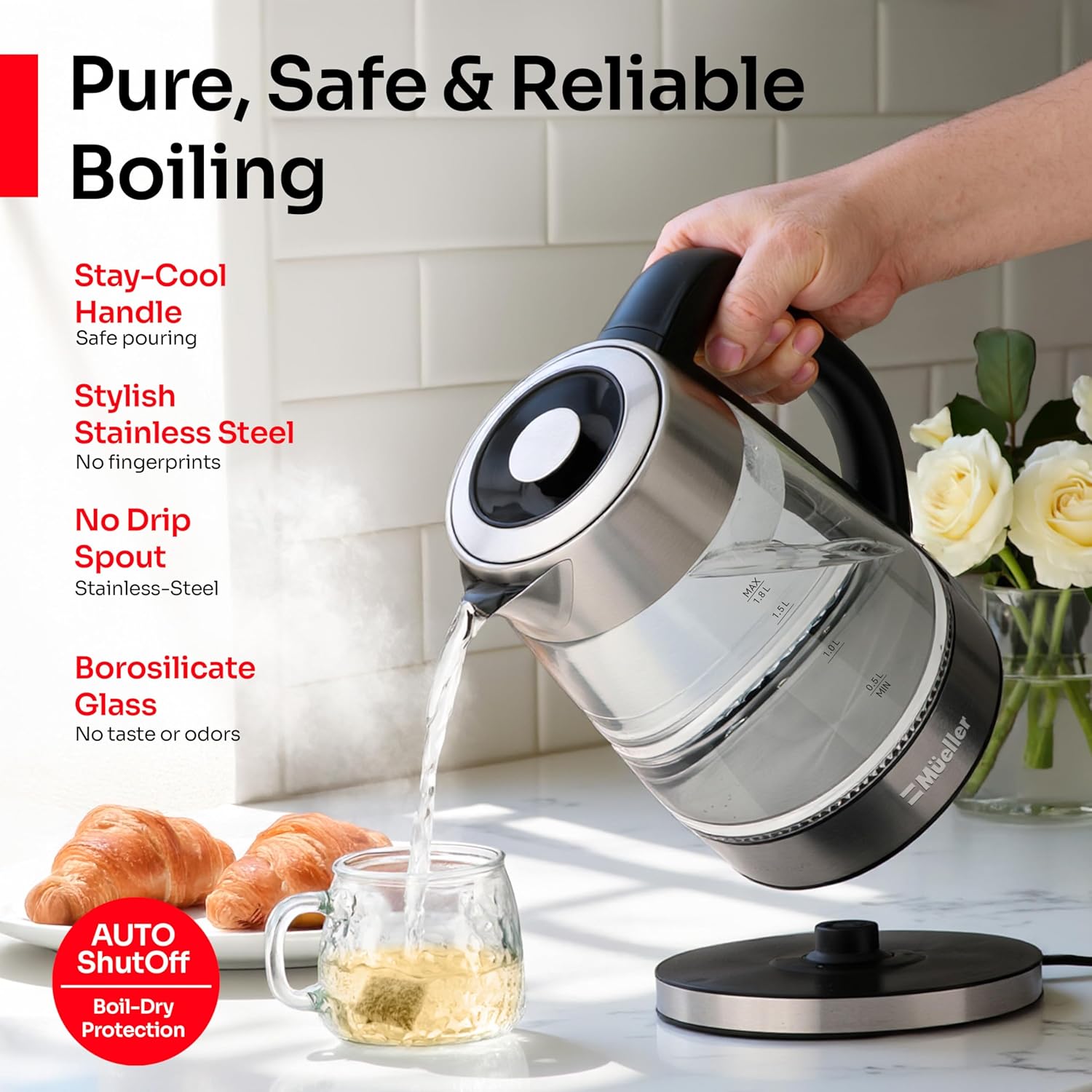 Mueller Rapid Boil Electric Tea Kettle 1.8L – Borosilicate Glass & Stainless Steel – BPA-Free Hot Water Boiler, LED Light, Auto Shut-Off, Boil Dry Protection Fast Water Heater – Kitchen Appliances