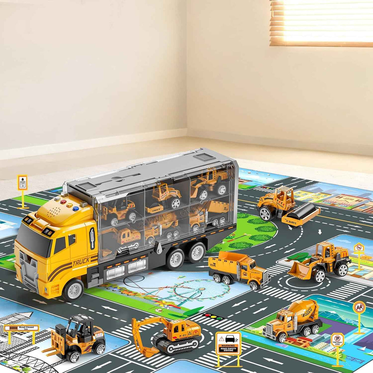 NIPLOOOW Toddler Boys Construction Truck Vehicle Toy Set with Play Mat and Die-Cast Toy Car, Transport Carrier Truck for Kids 3-5, Birthday Gifts Toys for 3-8 Year Old Boys