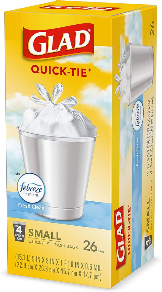 Glad Small Trash Bags 4 Gallon, Febreze Fresh Clean Garbage Bags, Odor Resistant with Quick Tie, 26 Count - PureLivingMart