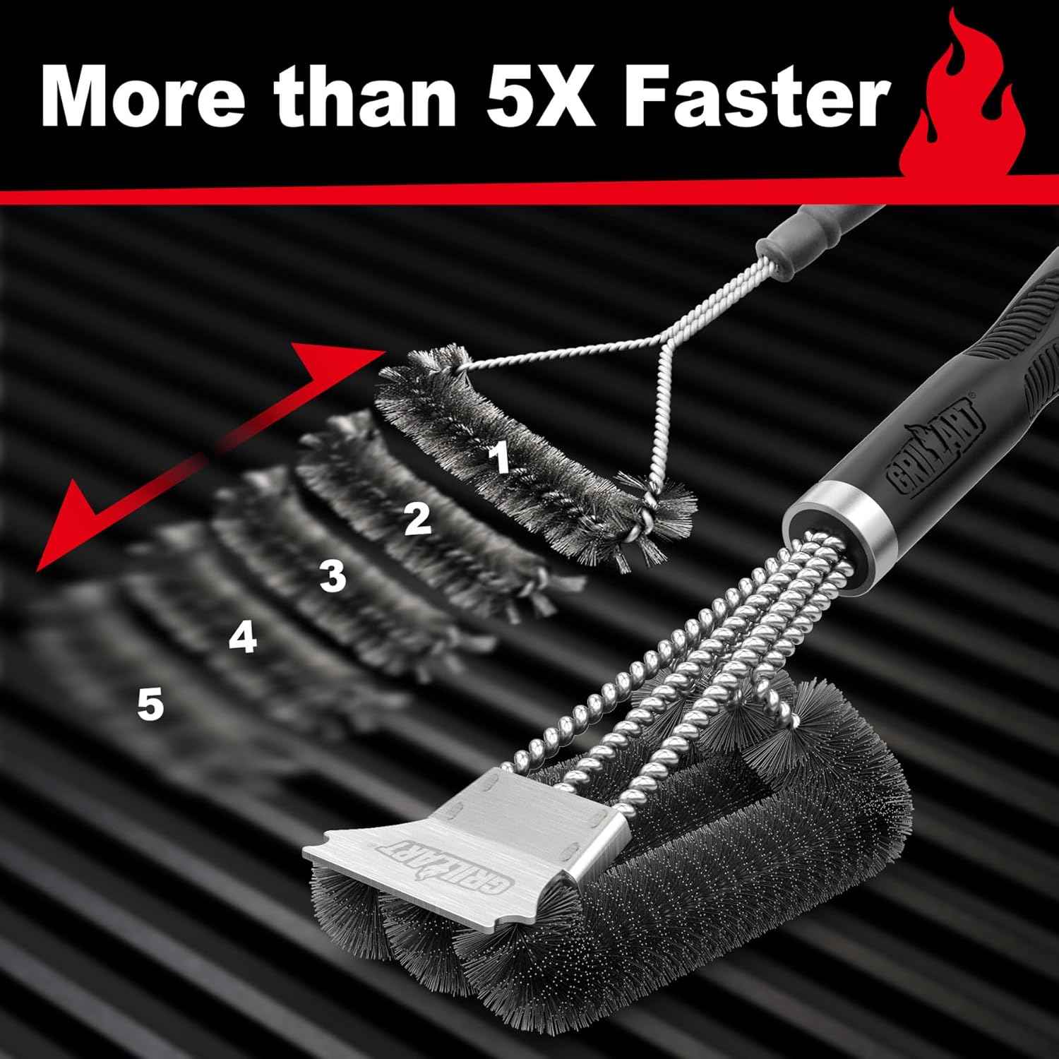 GRILLART Grill Brush and Scraper, Extra Strong BBQ Cleaner Accessories, Safe Wire Bristles Barbecue Triple Scrubbers Cleaning Brush for Gas/Charcoal Grilling Grates, Wizard Tool BR-8115