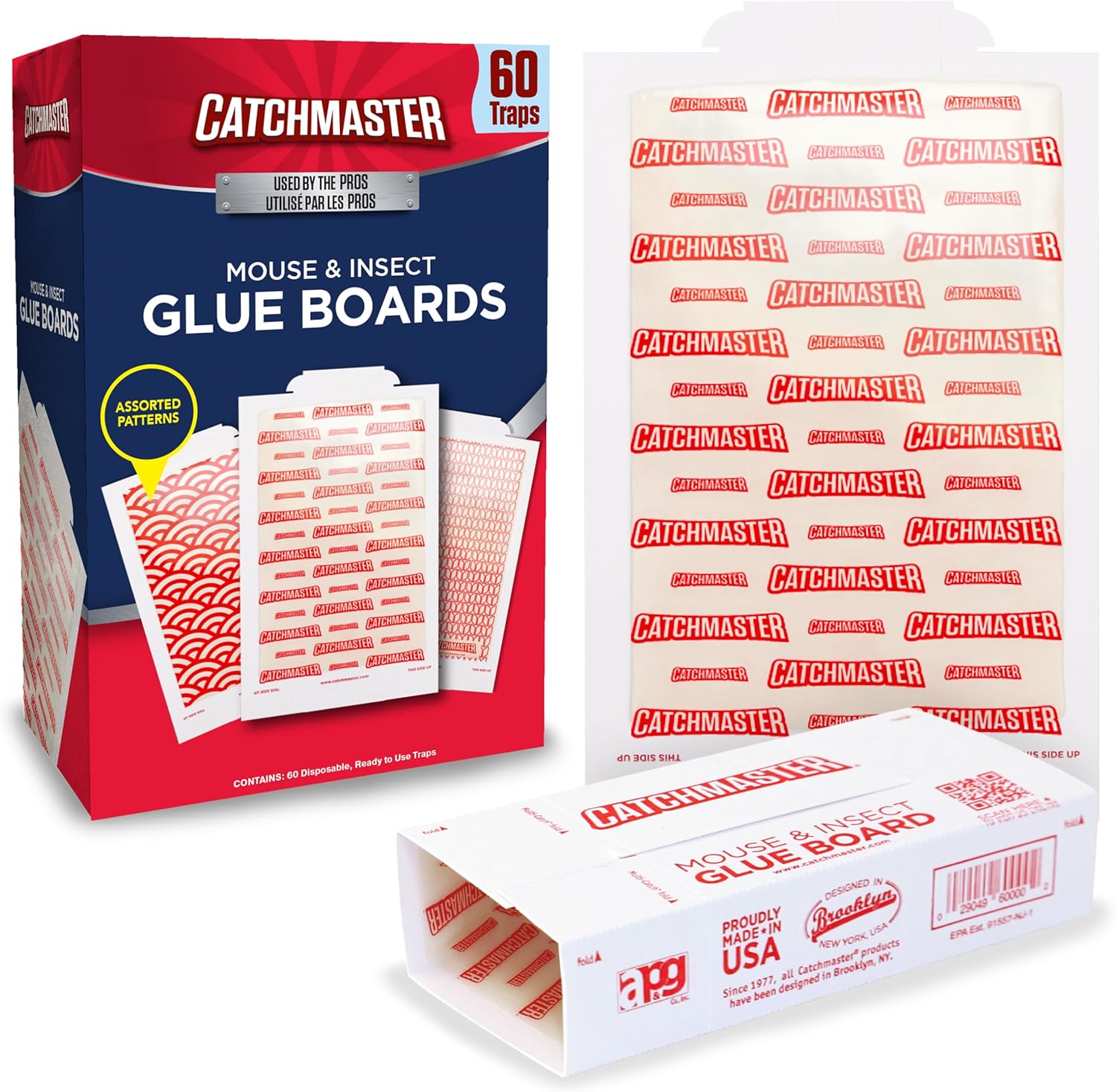 Catchmaster Sticky Insect & Mouse Traps 60-Count, 5.3"x8" Glue Boards for Mice & Insects, Ultra Sticky Rat & MouseTraps Indoor for Home Use in Garages, Basements & Attics, Pest Control for Home