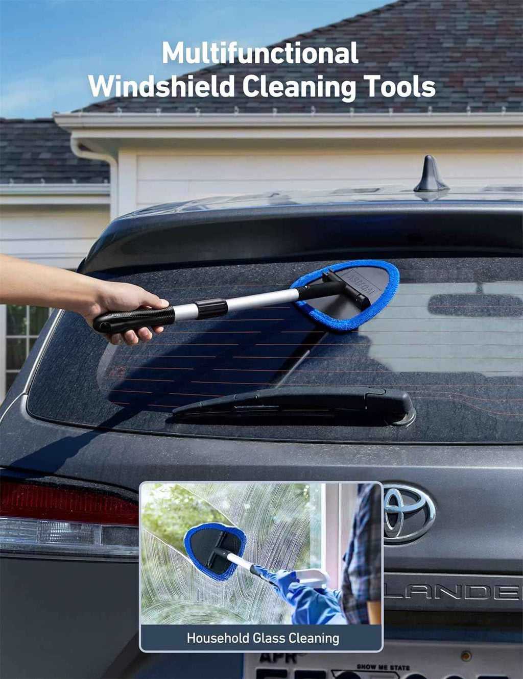 AstroAI Windshield Cleaner Tool with Extendable Handle and Microfiber Pads for Car Interior Detailing, Blue, 15.9in-21in