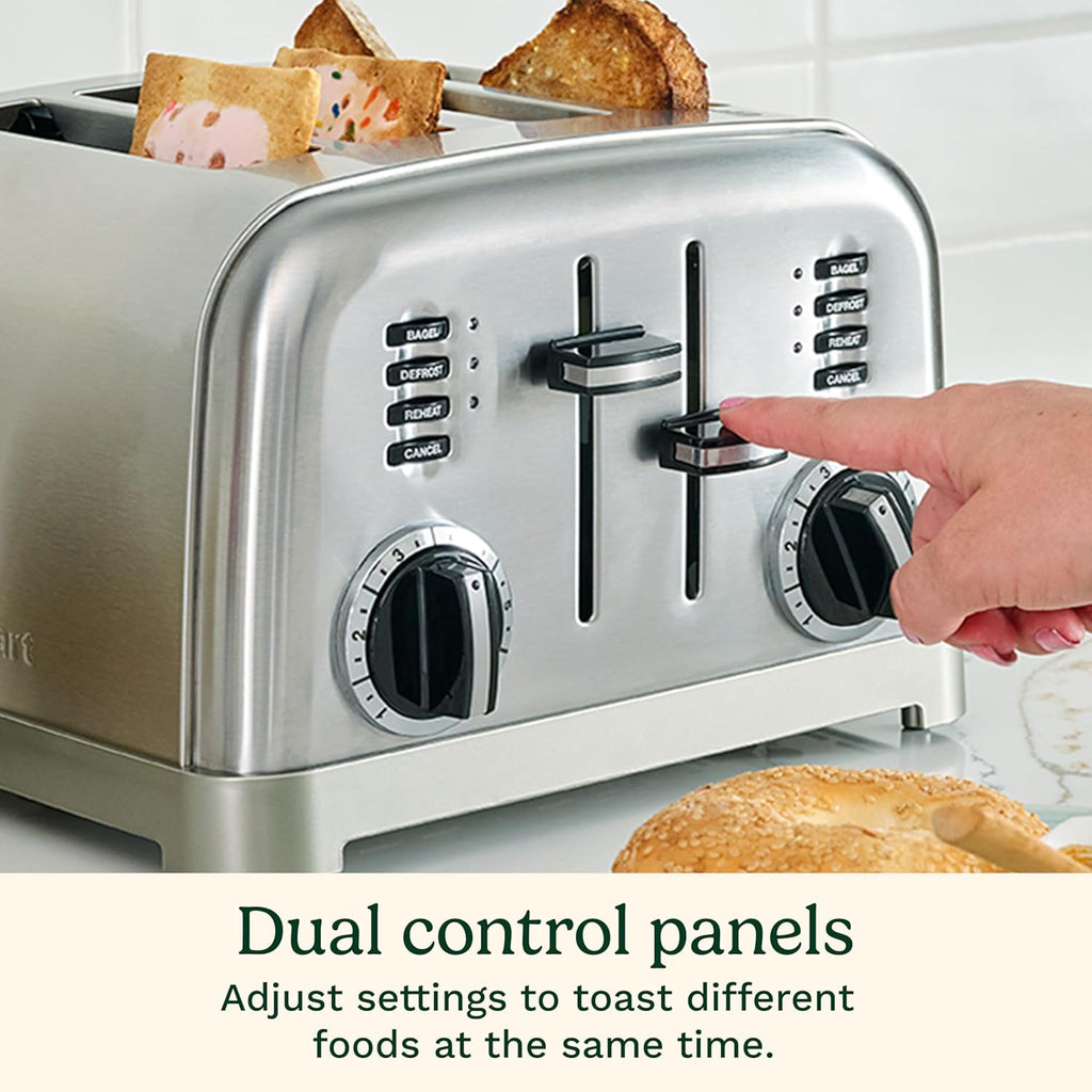 Cuisinart 4 Slice Compact Stainless Steel Toaster with Extra-Wide Slots for Bread, French Toast, Bagels & Pastries, Defrost & Reheat Functions, CPT-180P1, Brushed Stainless, Removable Crumb Tray