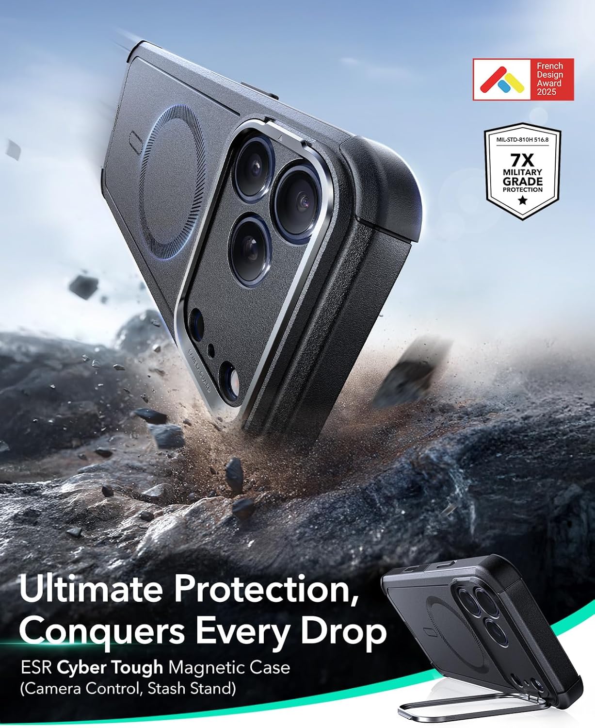 ESR for iPhone 17 Pro Max Case with Stash Stand, 7X Military-Grade Drop Protection with Camera Control, Shock-Absorbing Phone Rugged Cover, Compatible with MagSafe Accessories, Cyber Series, Black