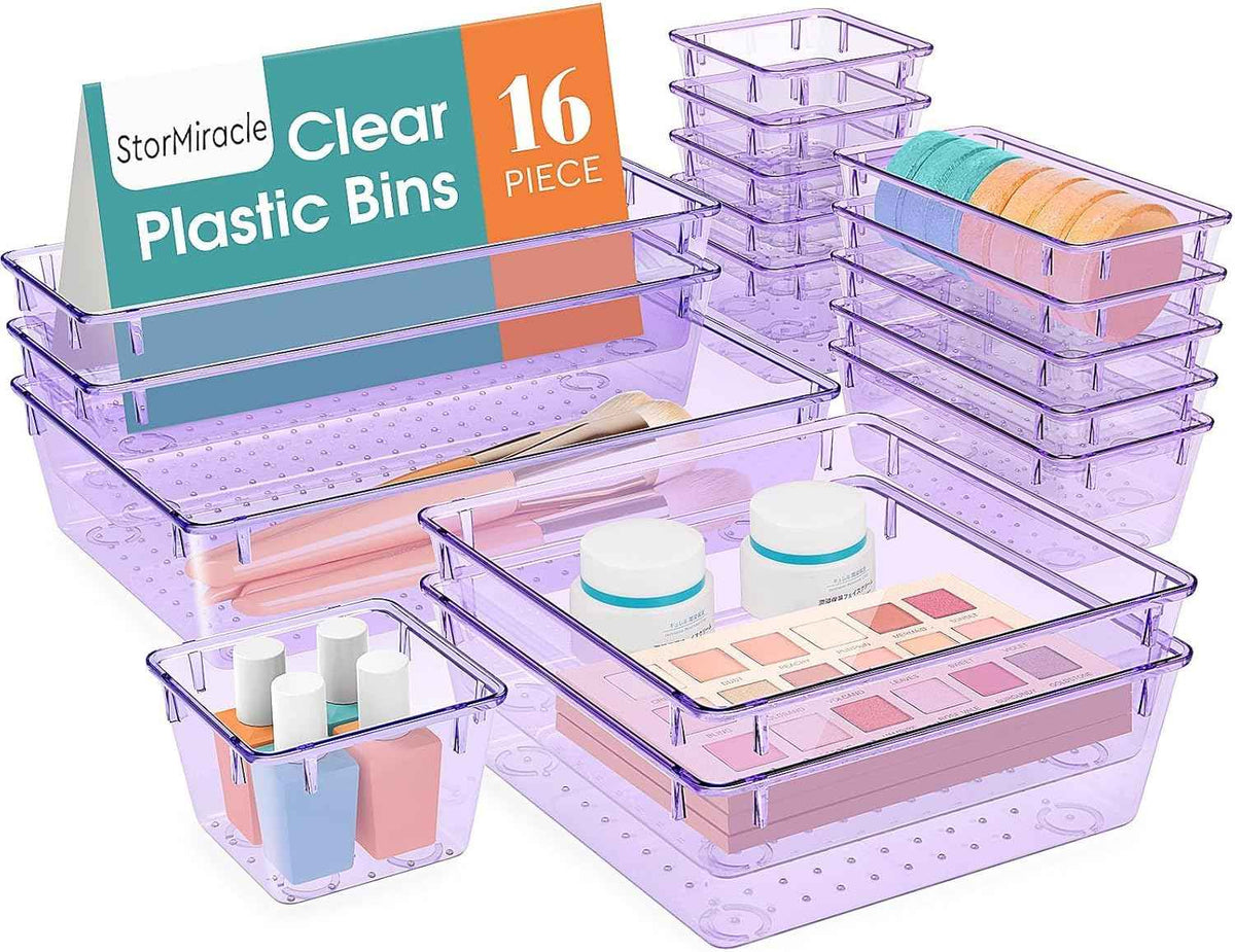 16 PCS Drawer Organizer Set, 5 Varied Size Bathroom and kitchen Drawer cabinet organizer Trays, Clear Storage Bins for Makeup, Jewelry, Utensils and Gadgets