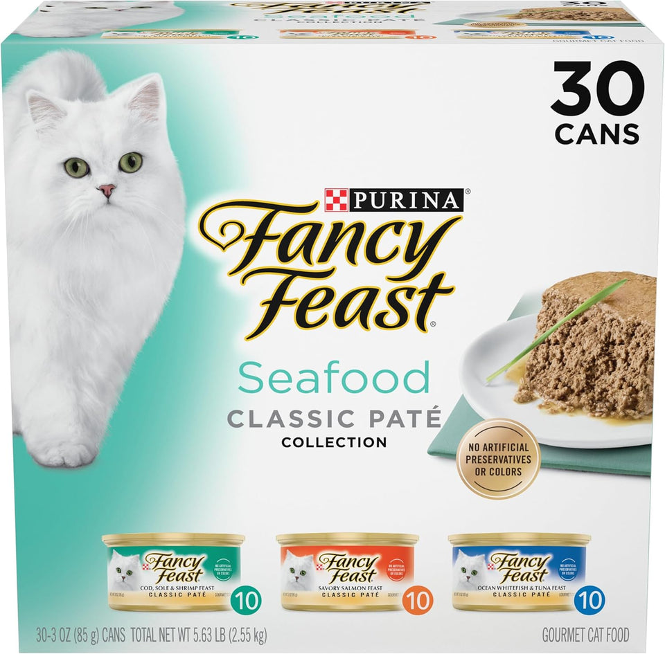 PLrina Fancy Feast Seafood Classic Pate Collection Grain Free Wet Cat Food Variety Pack - (Pack of 30) 3 oz. Cans