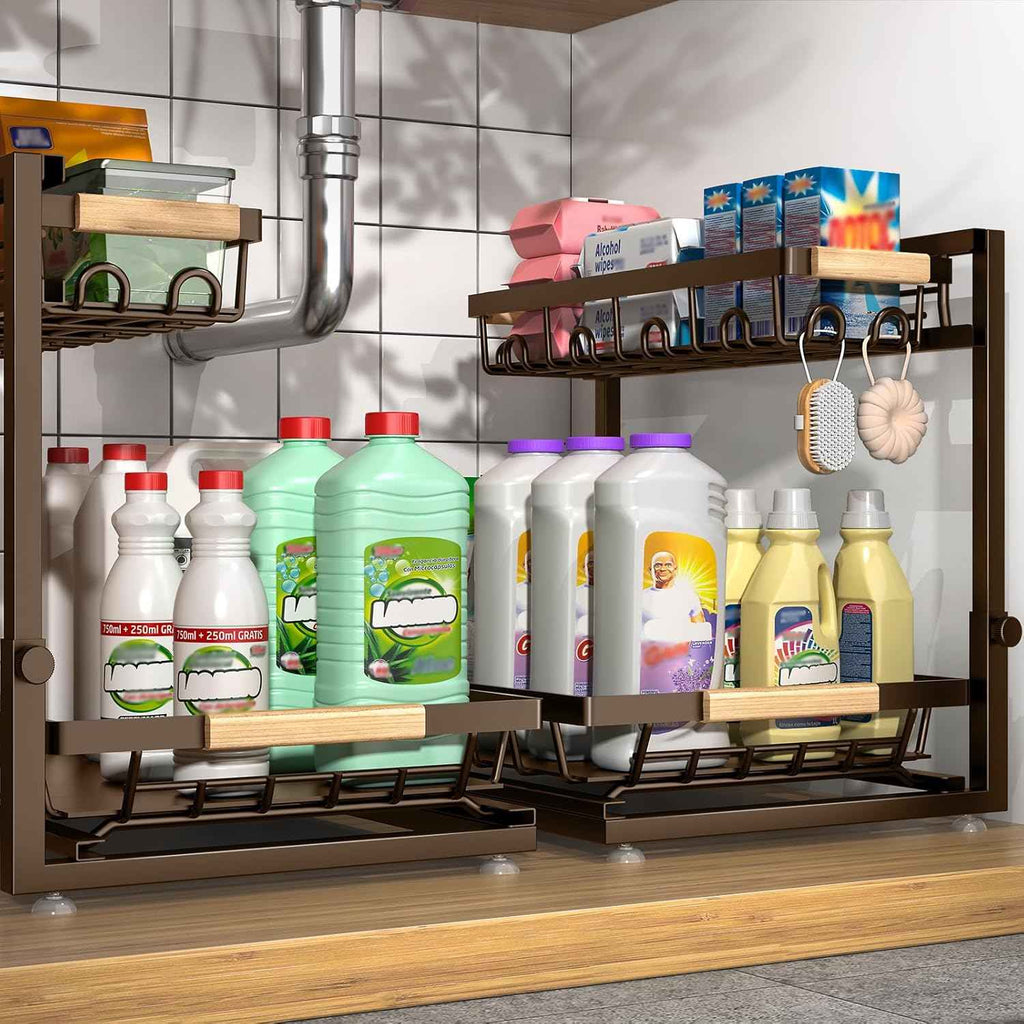 2 Packs Under Sink Organizer, 2026 Upgrade Height Adjustable 2 Tier Under Kitchen Sink Organizer, Multi-Purpose Storage Shelf for Kitchen Bathroom Cabinet (Black)