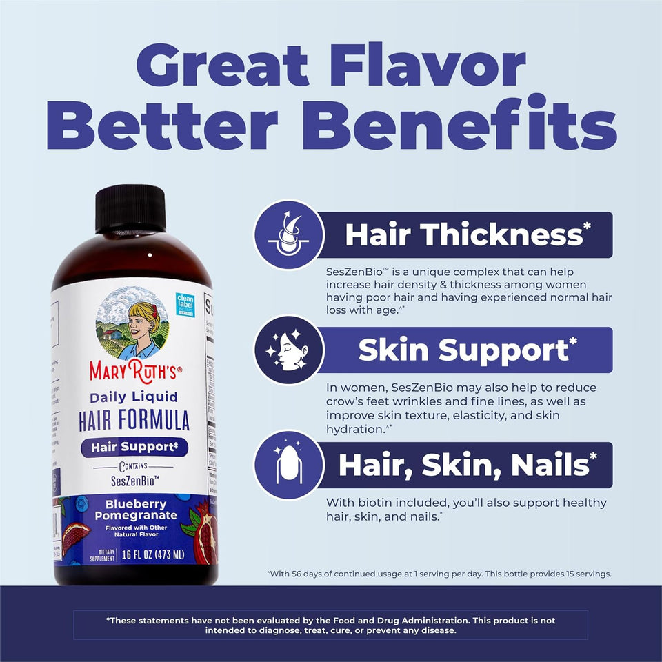 MARYRUTH'S Daily Liquid Hair Formula | With 500 mg SesZenBio™ + 2,500 mcg Biotin | Vitamin C | Thicker, Stronger Hair for Women | Hair, Skin, & Nail Health | Collagen Production | 16 Fl Oz