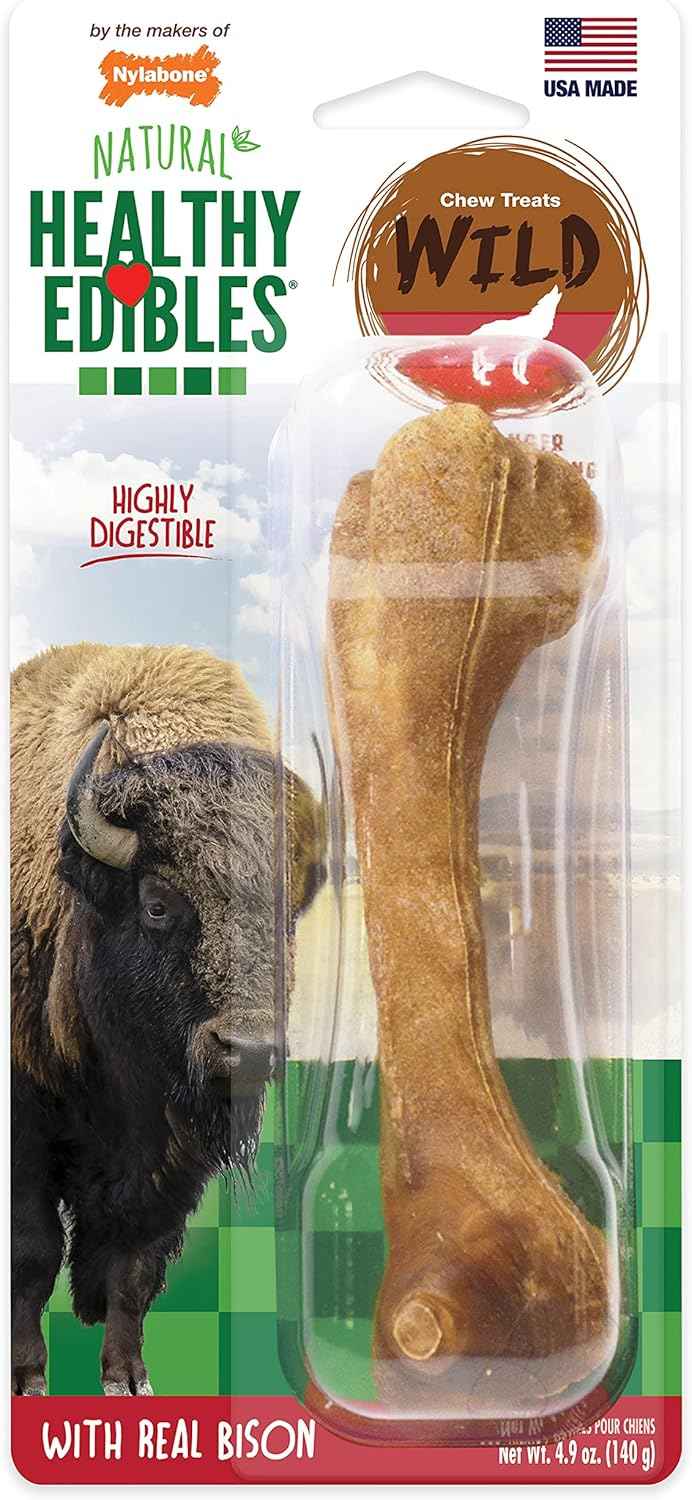 Nylabone Healthy Edibles WILD Natural Longer-Lasting Bison Flavor Bone Chew Treats for Dogs, Medium - Up to 35 lbs (2 Count)