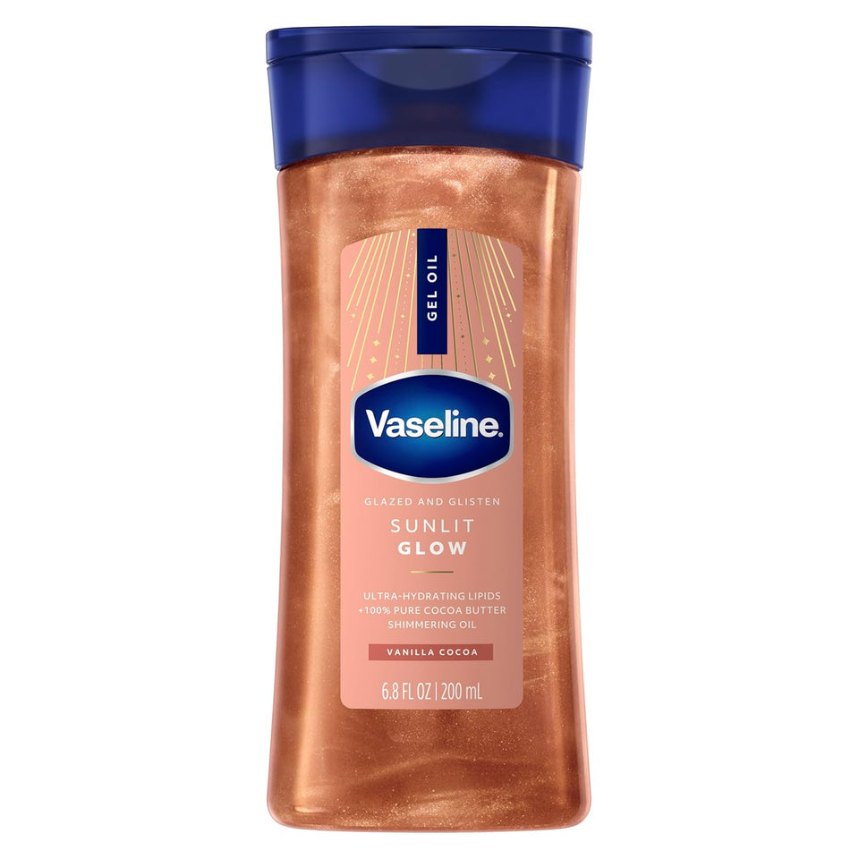 Vaseline Glazed and Glisten Sunlit Glow Body Gel Oil Vanilla Cocoa Shimmering with Ultra-Hydrating Lipids and 100% PLre Cocoa Butter, 6.8 Oz
