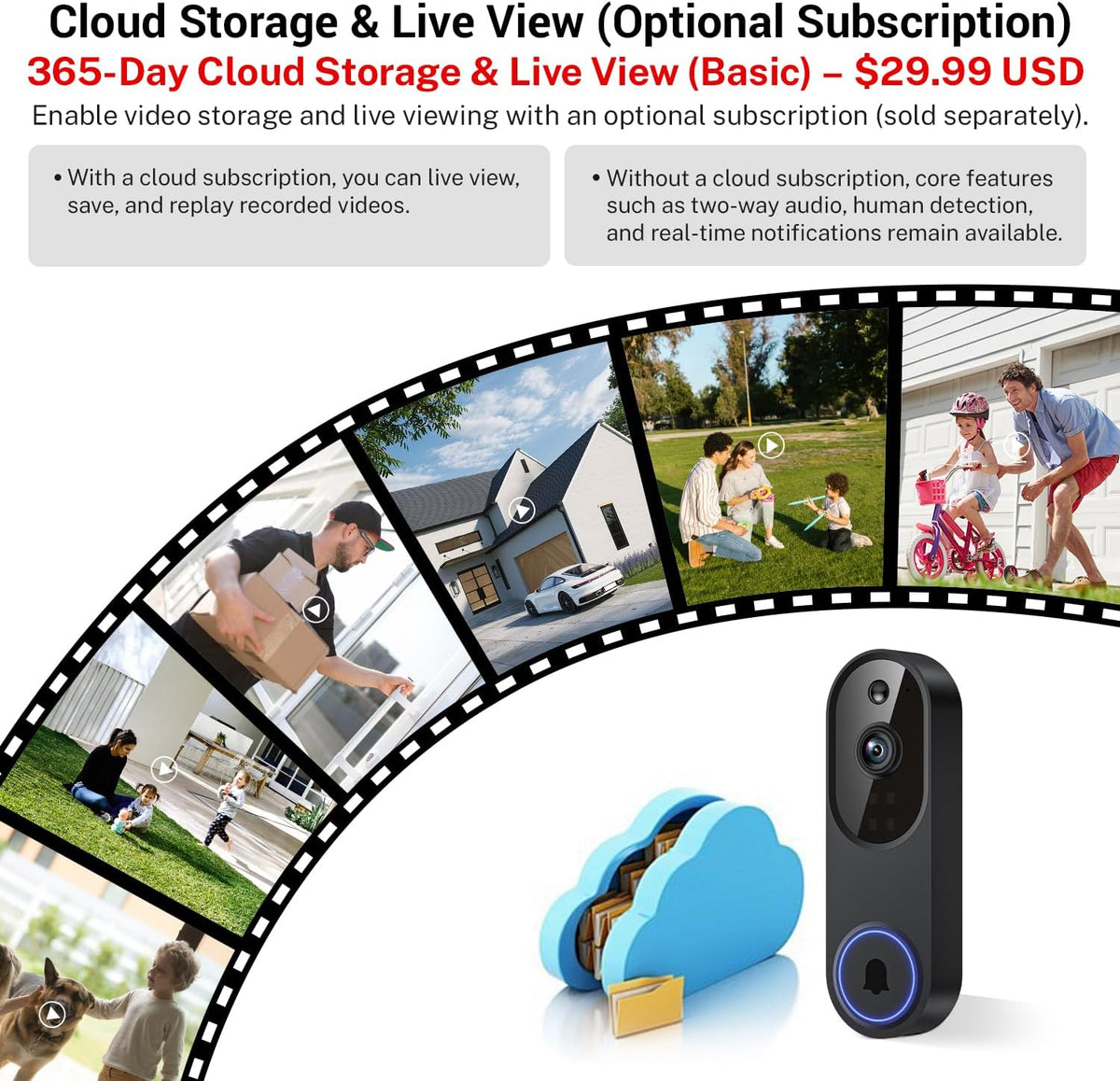 Orbitell 1080p Wireless Wi-Fi Video Doorbell Camera with Two Way Audio, Night Vision, Cloud Storage, Smart AI Motion Detection, Support 2.4GHz Wi-Fi only