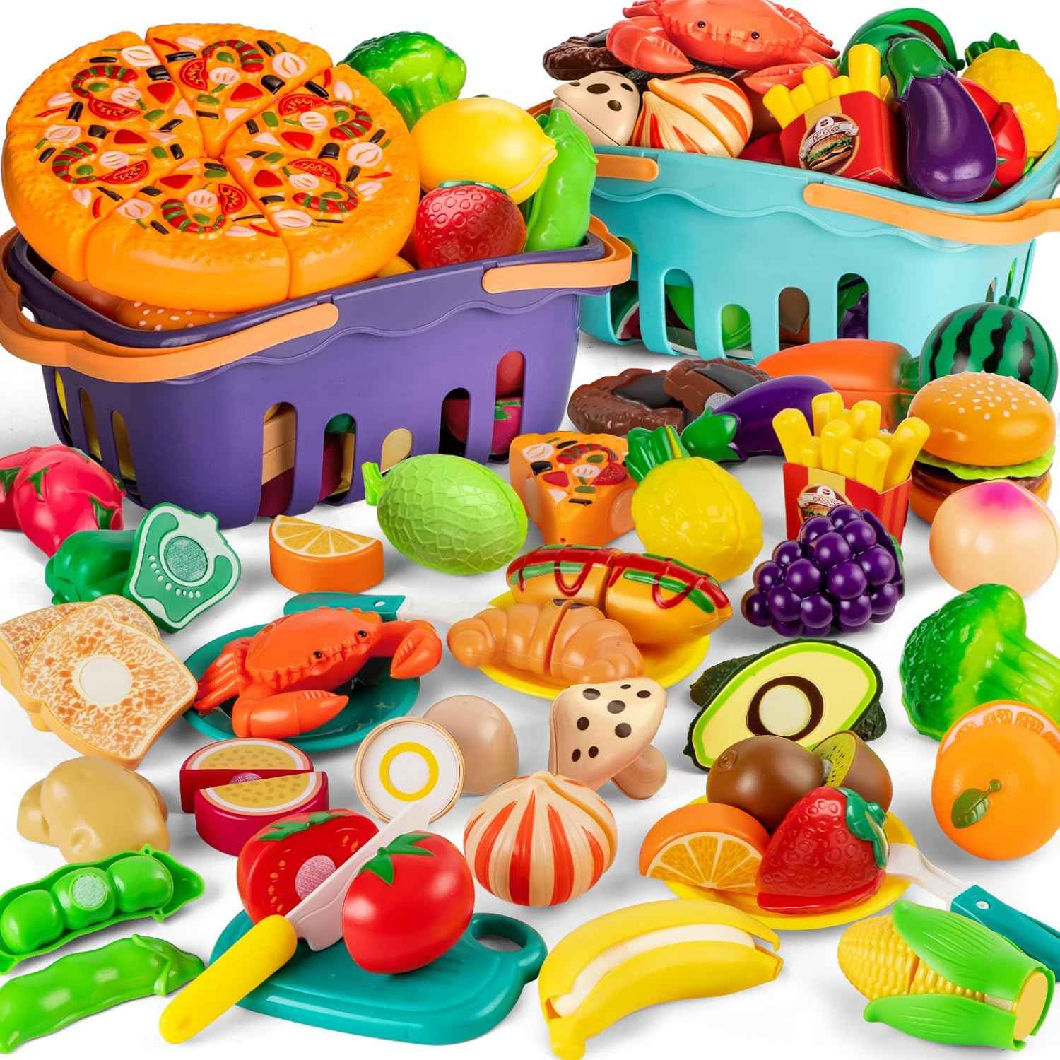 Cutting Play Food Toys For Kids, Pretend Play Kitchen Accessories, Fake Fruits/Vegetables Set With Shopping Storage Basket, Plastic Board And Knife, Birthday Gifts/Educational Toy For Toddler Children