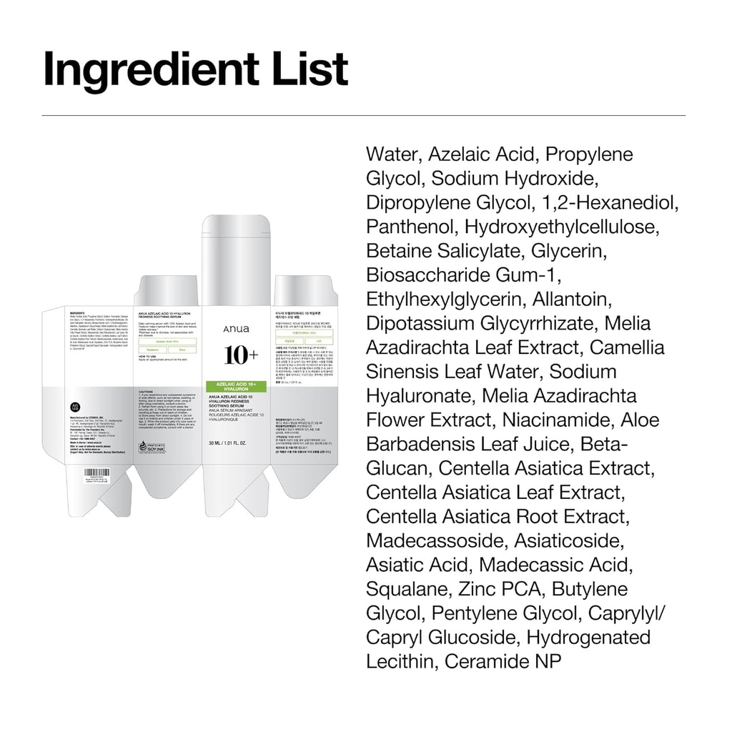 anua azelaic acid 10 hyaluron redness soothing serum for sensitive skin, korean skincare, vegan, 30ml, 1.01 fl oz.