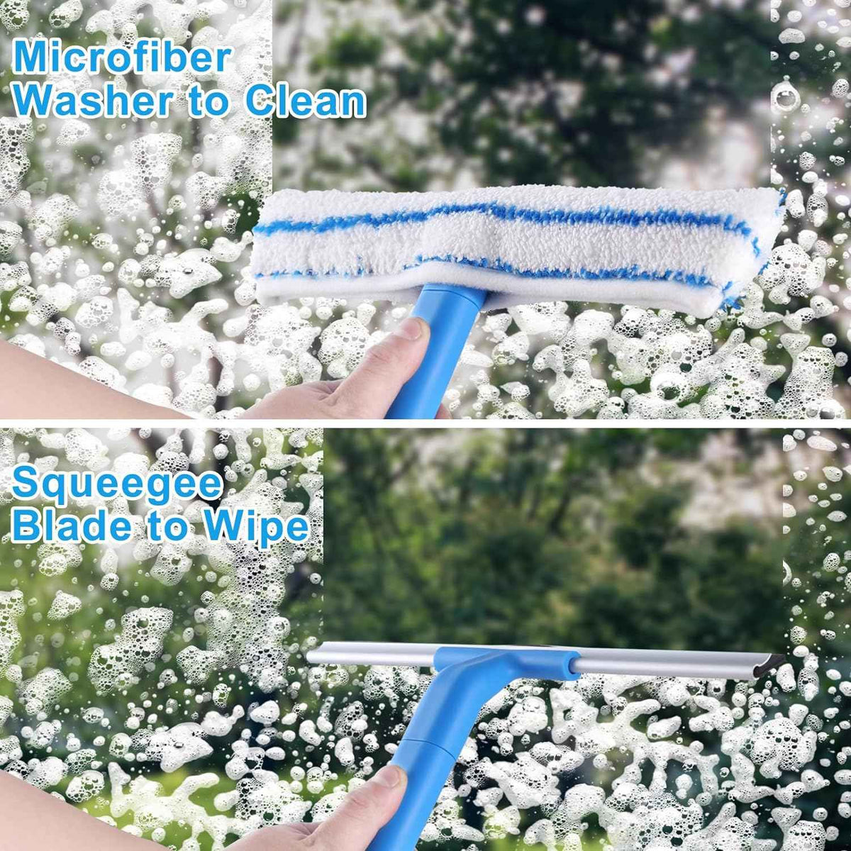 Window Cleaner with Long Handle(57IN), Glass Cleaning Tools with Silicone Squeegee & Microfiber Scrubber, Window Cleaning Kit for Shower Glass Mirror Door Car