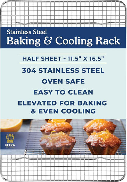 Ultra Cuisine Oven-Safe, Dishwasher-Safe 100% Stainless Steel Cooling and Baking Rack Set Heavy Duty Tight-Wire - 11.5 x 16.5-inch - Set of 2 - Half Sheet Pan Cooling Racks